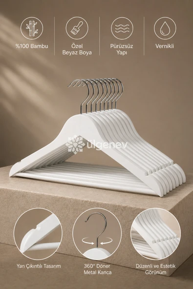12 Adet Premium Vernikli Ahşap %100 Doğal Bambu Beyaz Askı – Cilalı Bambu Ahşap Elbise ve Pantolon Düzenleyici Askı ürün görseli 1