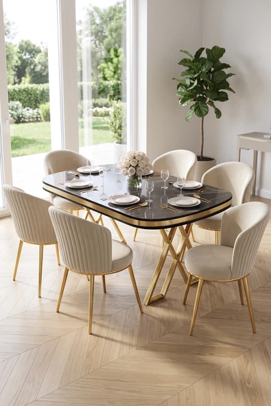 Nisare Serisi 90x168 Lak Panel Siyah Mermer Desen Masa Takımı Gold Ayaklı 6 Sandalye ürün görseli 1