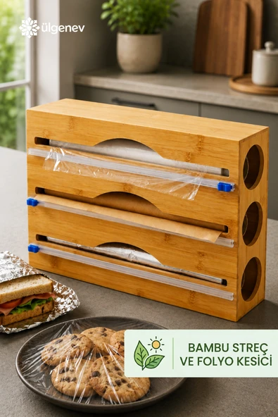 %100 Bambu 3 Bölmeli Streç , Pişirme Kağıdı ve Folyo Kesici - Kayar Bıçaklı Mutfak Organizeri &Düzenleyici ürün görseli 1