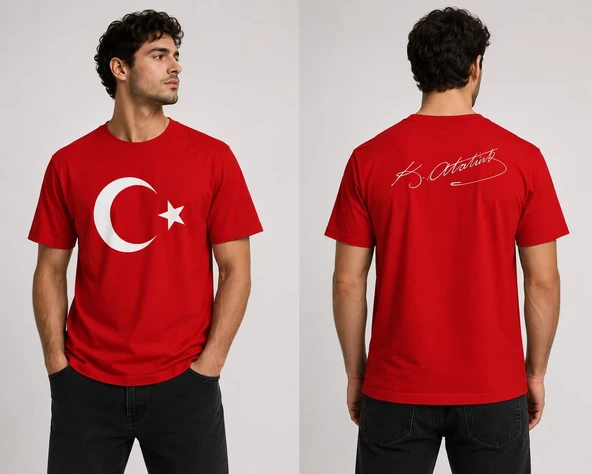 TÜRK BAYRAĞI VE ATATÜRK İMZASI BASKILI TİŞÖRT ürün görseli 1