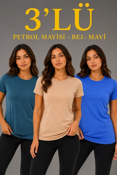 Kadın 3’lü Kısa Kollu Bisiklet Yaka Basic Slim Fit T-shirt -petrol Mavisi  - Bej - Mavi ürün görseli 1