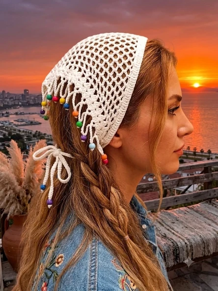 Akfecan El Örgüsü Ahşap Boncuklu File Bandana ürün görseli 1