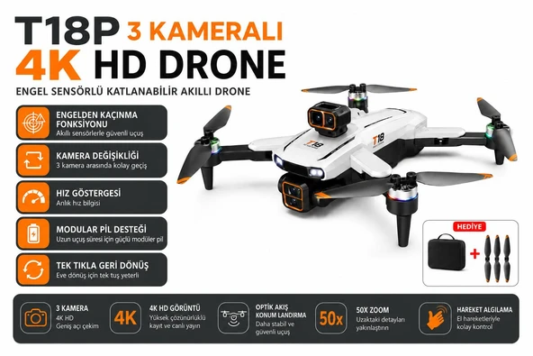 T18P DRON 4K HD HAVA FOTORAFÇILIĞI 3 LENS USB KART OKUYUCU+KAFIZA KARTI HEDİYE TEK TUŞ İNİŞ KALKIŞ EKRANLI KUMANDA FIRÇASIZ MOTOR ürün görseli 1