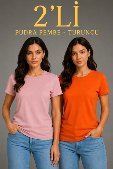 Kadın Basic Bisiklet Yaka Yazlık Slim Fit T-shirt - Pudra Pembe & Turuncu ürün görseli 1