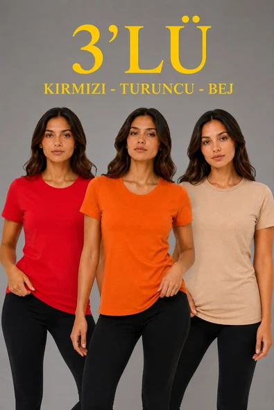 Kadın 3’lü Kısa Kollu Bisiklet Yaka Basic Slim Fit T-shirt - Kırmızı - Turuncu - Bej ürün görseli 1