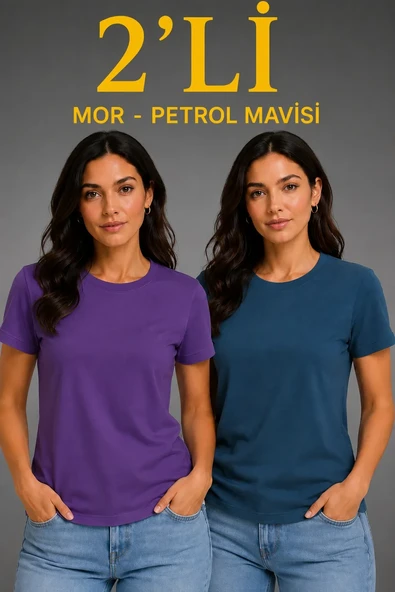Kadın Basic Bisiklet Yaka Yazlık Slim Fit T-shirt - Mor & Petrol Mavisi ürün görseli 1