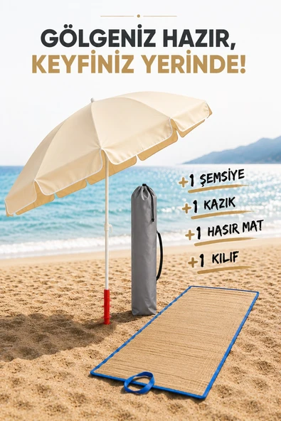 Kazık + Plaj Şemsiyesi  + Kılıf + Hasır Mat, Gölgenin Keyfini Çıkart ürün görseli 1