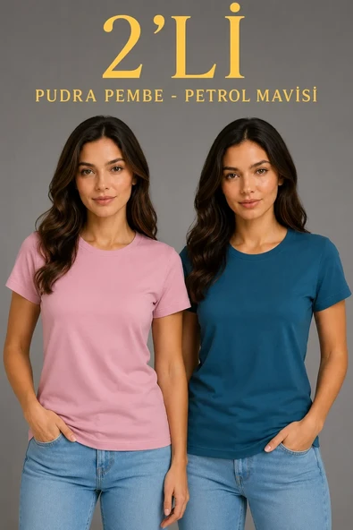 Kadın Basic Bisiklet Yaka Yazlık Slim Fit T-shirt - Pudra Pembe & Petrol Mavi ürün görseli 1
