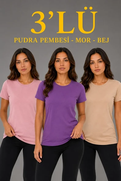 Kadın 3’lü Kısa Kollu Bisiklet Yaka Basic Slim Fit T-shirt - Pudra Pembe - Mor - Bej ürün görseli 1