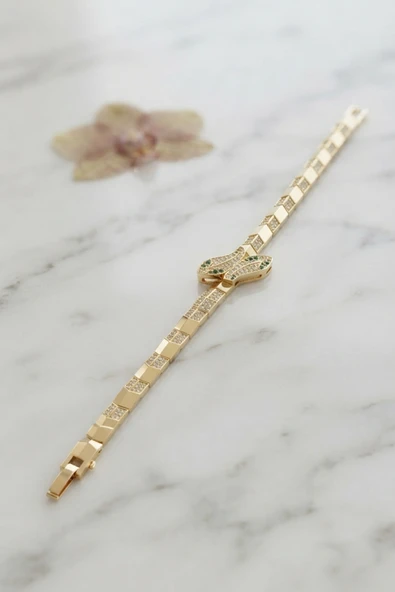 Gold Renk Pirinç Zirkon Taşlı Yılan Model Kadın Bileklik TJ-BB8827 ürün görseli 1