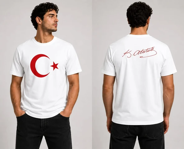 TÜRK BAYRAĞI ATATÜRK İMZASI BASKILI TİŞÖRT ürün görseli 1