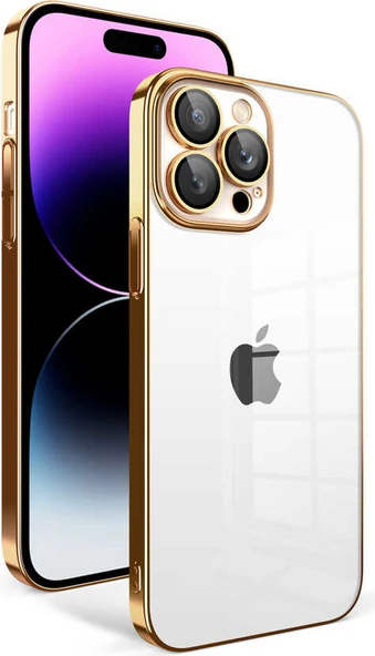 Apple iPhone 14 Pro Max Kılıf Kamera Korumalı Renkli Çerçeveli Mnc Garaj Kapak-Gold ürün görseli 1