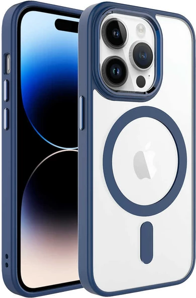 Apple iPhone 14 Pro Max Kılıf Wireless Şarj Özellikli Mnc Krom Magsafe Silikon Kapak-Lacivert ürün görseli 1