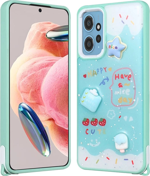 Xiaomi Redmi Note 12 4g Kılıf Parlayan Sıvılı Simli Kabartma Figürlü Mnc Cevze Kapak-Yeşil ürün görseli 1