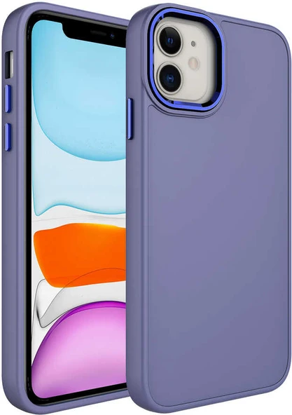 Apple iPhone 11 Kılıf Metal Çerçeve ve Buton Tasarımlı Silikon Mnc Luna Kapak-Lavendery Gray ürün görseli 1