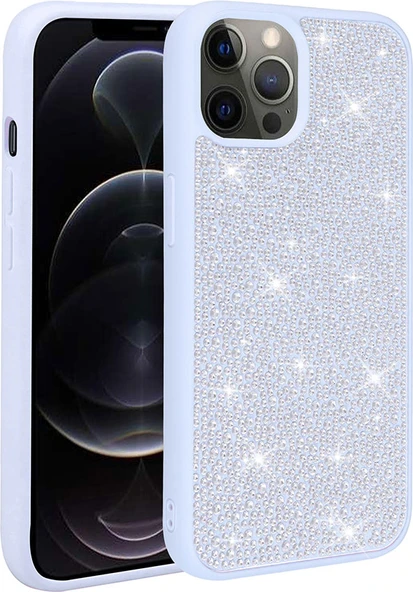 Apple iPhone 12 Pro Max Kılıf Parlak Taşlı Tasarım Mnc Ston Kapak-Mavi Açık ürün görseli 1