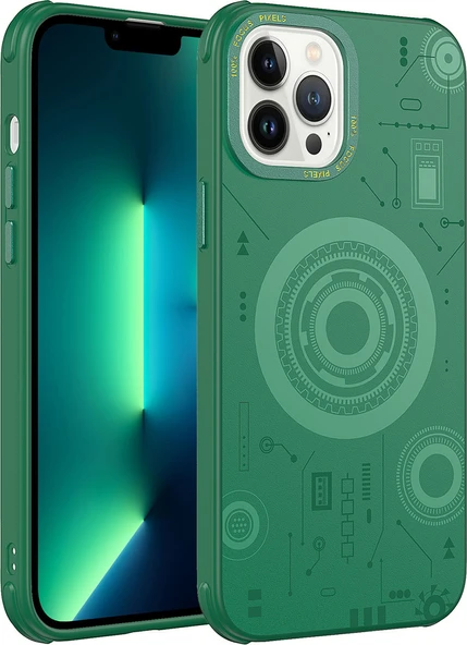 Apple iPhone 12 Pro Max Kılıf Mnc Wireless Şarj Özellikli Desenli Hot Kapak-Koyu Yeşil ürün görseli 1