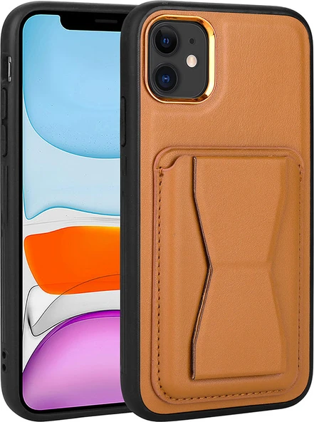 Apple iPhone 12 Kılıf Kartlıklı Standlı ​pu Deri Mnc Memo Kapak-Kahve Açık ürün görseli 1