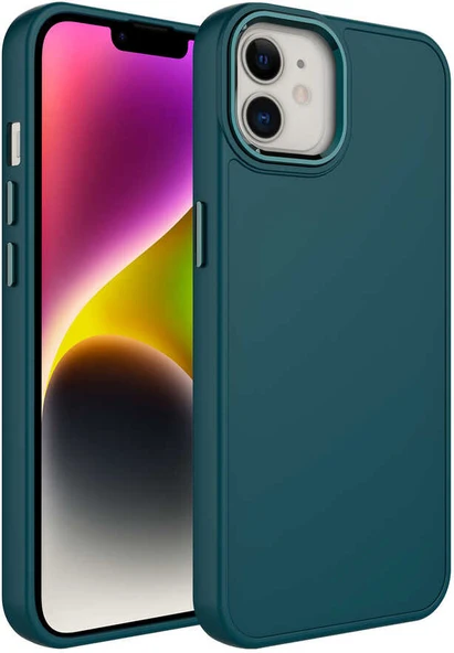Apple iPhone 12 Kılıf Metal Çerçeve ve Buton Tasarımlı Silikon Mnc Luna Kapak-Koyu Yeşil ürün görseli 1