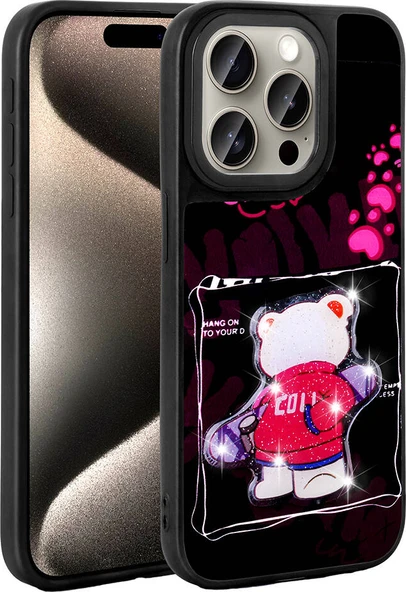 Apple iPhone 15 Pro Max Kılıf Parlayan Kabartmalı Ikonik Figürlü Mnc Amas Silikon Kapak-Siyah ürün görseli 1