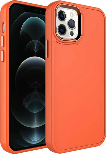 Apple iPhone 12 Pro Max Kılıf Metal Çerçeve ve Buton Tasarımlı Sert Mnc Botox Kapak-Turuncu ürün görseli 1