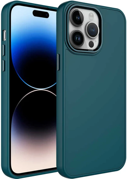 Apple iPhone 13 Pro Kılıf Metal Çerçeve ve Buton Tasarımlı Silikon Mnc Luna Kapak-Koyu Yeşil ürün görseli 1