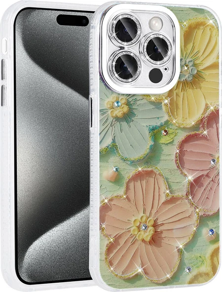 Apple iPhone 15 Pro Max Kılıf Çiçek Desenli Parlak Taşlı Sert Silikon Mnc Garden Kapak-Colorful ürün görseli 1