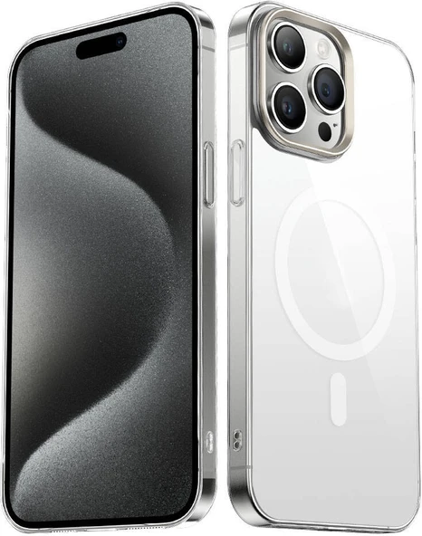 Apple iPhone 15 Pro Kılıf Mnc Wireless Şarj Özellikli Şeffaf G-Glass Kapak-Titanyum ürün görseli 1