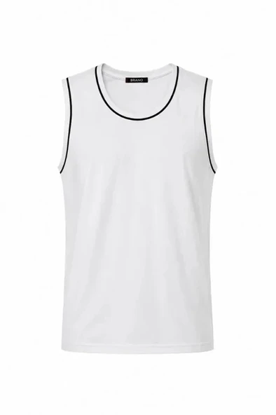 Ön Unisex Pamuklu Bisiklet Yaka Kolsuz Atlet Kontrast Biyeli Regular Fit - Beyaz ürün görseli 1