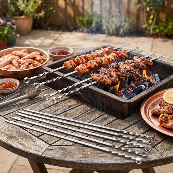Dar Yassı Mangal Şişi - Burgulu Tasarım - 60 cm - Tavuk ve Kanat İçin ürün görseli 1