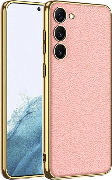 Galaxy S23 Kılıf Deri Görünümlü Kenarları Elektroplating Kaplama Mnc Fizyon Kapak-Pembe ürün görseli 1