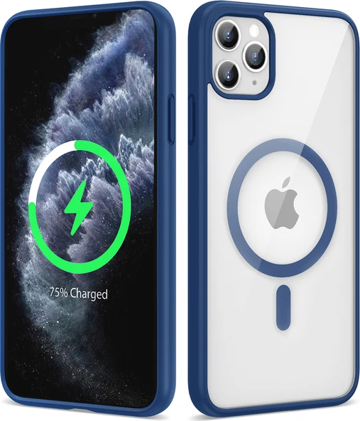 Apple iPhone 11 Pro Max Kılıf Magsafe Wireless Şarj Özellikli Silikon Mnc Ege Kapak-Mavi ürün görseli 1
