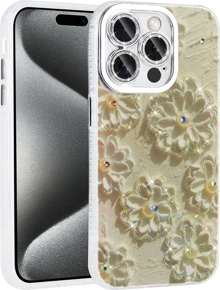 Apple iPhone 15 Pro Kılıf Çiçek Desenli Parlak Taşlı Sert Silikon Mnc Garden Kapak-Beyaz ürün görseli 1
