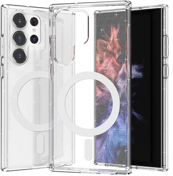 Galaxy S23 Ultra Kılıf Magsafe Şarj Özellikli Parlayan Simli Saydam Renkli Mnc Allstar Kapak-Şeffaf ürün görseli 1