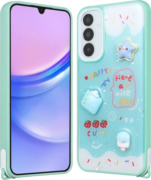 Galaxy A25 Kılıf Parlayan Sıvılı Simli Kabartma Figürlü Mnc Cevze Kapak-Yeşil ürün görseli 1