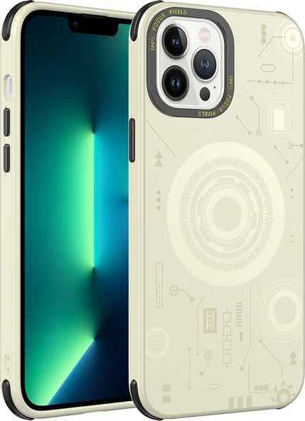 Apple iPhone 13 Pro Max Kılıf Mnc Wireless Şarj Özellikli Desenli Hot Kapak-Gold ürün görseli 1