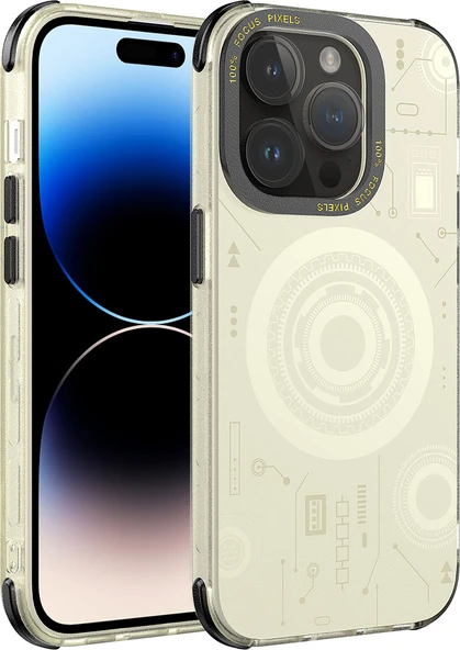 Apple iPhone 14 Pro Max Kılıf Mnc Wireless Şarj Özellikli Desenli Hot Kapak-Gold ürün görseli 1