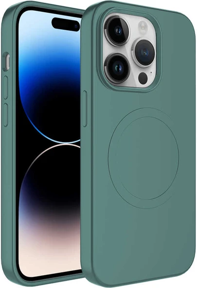 Apple iPhone 14 Pro Kılıf Magsafe Wireless Şarj Özellikli Pastel Renk Silikon Mnc Plas Kapak-Koyu Yeşil ürün görseli 1