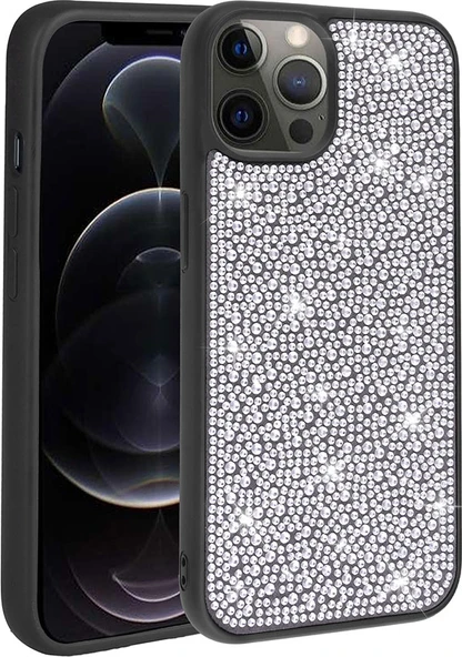Apple iPhone 13 Pro Kılıf Parlak Taşlı Tasarım Mnc Ston Kapak-Siyah ürün görseli 1