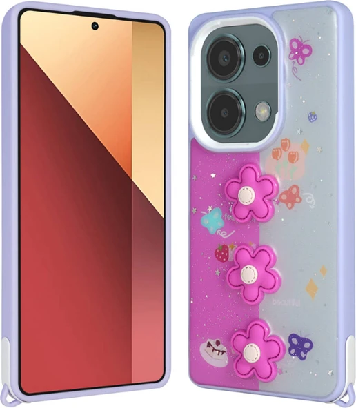 Xiaomi Redmi Note 13 Pro 4g Kılıf Parlayan Simli Kabartma Figürlü Mnc Cevze Kapak-Mor Papatya ürün görseli 1
