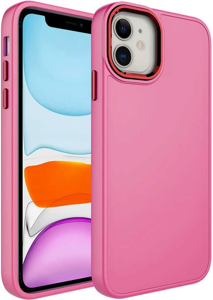 Apple iPhone 11 Kılıf Metal Çerçeve ve Buton Tasarımlı Silikon Mnc Luna Kapak-Pembe ürün görseli 1
