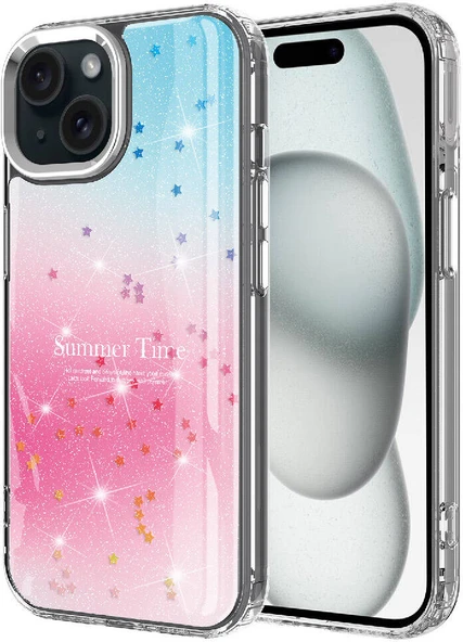 Apple iPhone 15 Kılıf Simli Desenli Parlak Mnc Task Kapak-Pembe ürün görseli 1