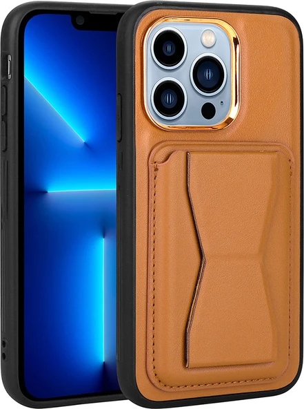 Apple iPhone 12 Pro Max Kılıf Kartlıklı Standlı ​pu Deri Mnc Memo Kapak-Kahve Açık ürün görseli 1