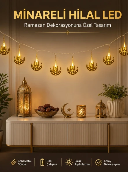 Dekoratif Minareli Hilal Led Işık Metal Gövdeli Ramazan Aydınlatma ürün görseli 1