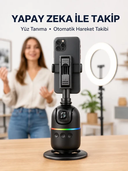 Telefon ve Kamera Uyumlu 360° Otomatik Takipli Akıllı Masa Tripodu Yeni Nesil ürün görseli 1