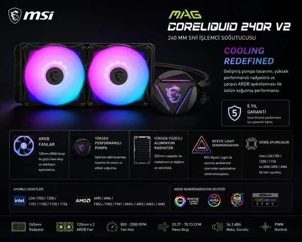 MSI Mag CoreLiquid 240R V2 Siyah 240 mm İşlemci Sıvı Soğutucu ürün görseli 1