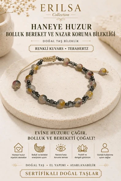 Sertifikalı Haneye Huzur Bolluk Bereket Nazar Koruma Bilekliği Renkli Kuvars Terahertz 6 mm ürün görseli 1