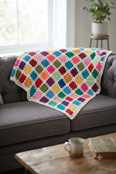 El Örgüsü Etnik Otantik Motifli Ekru Çok Amaçlı Örtü (95 x 95) ürün görseli 1