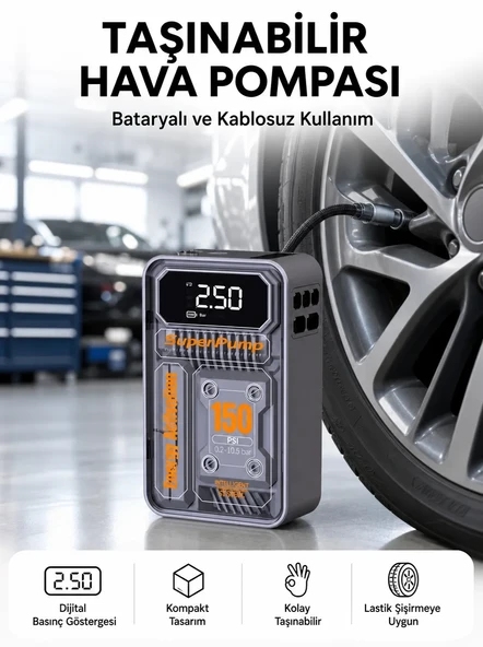 6000mAh Bataryalı LED Ekranlı Akıllı Hava Kompresörü ürün görseli 1