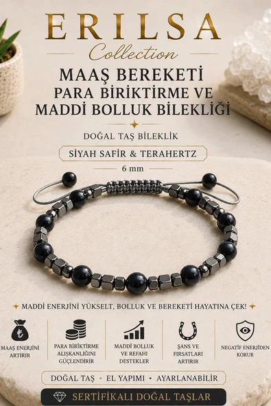 Sertifikalı Maaş Bereketi Para Biriktirme Maddi Bolluk Bilekliği Siyah Safir Terahertz 6 mm ürün görseli 1